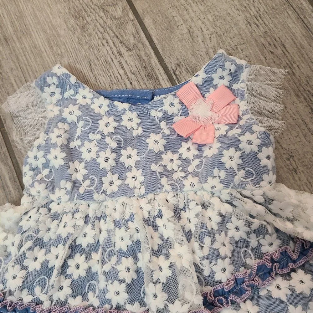 🏷 3/$15Little Lass baby girl summer dress blue with white floral lace size 6-9M - Picture 3 of 10